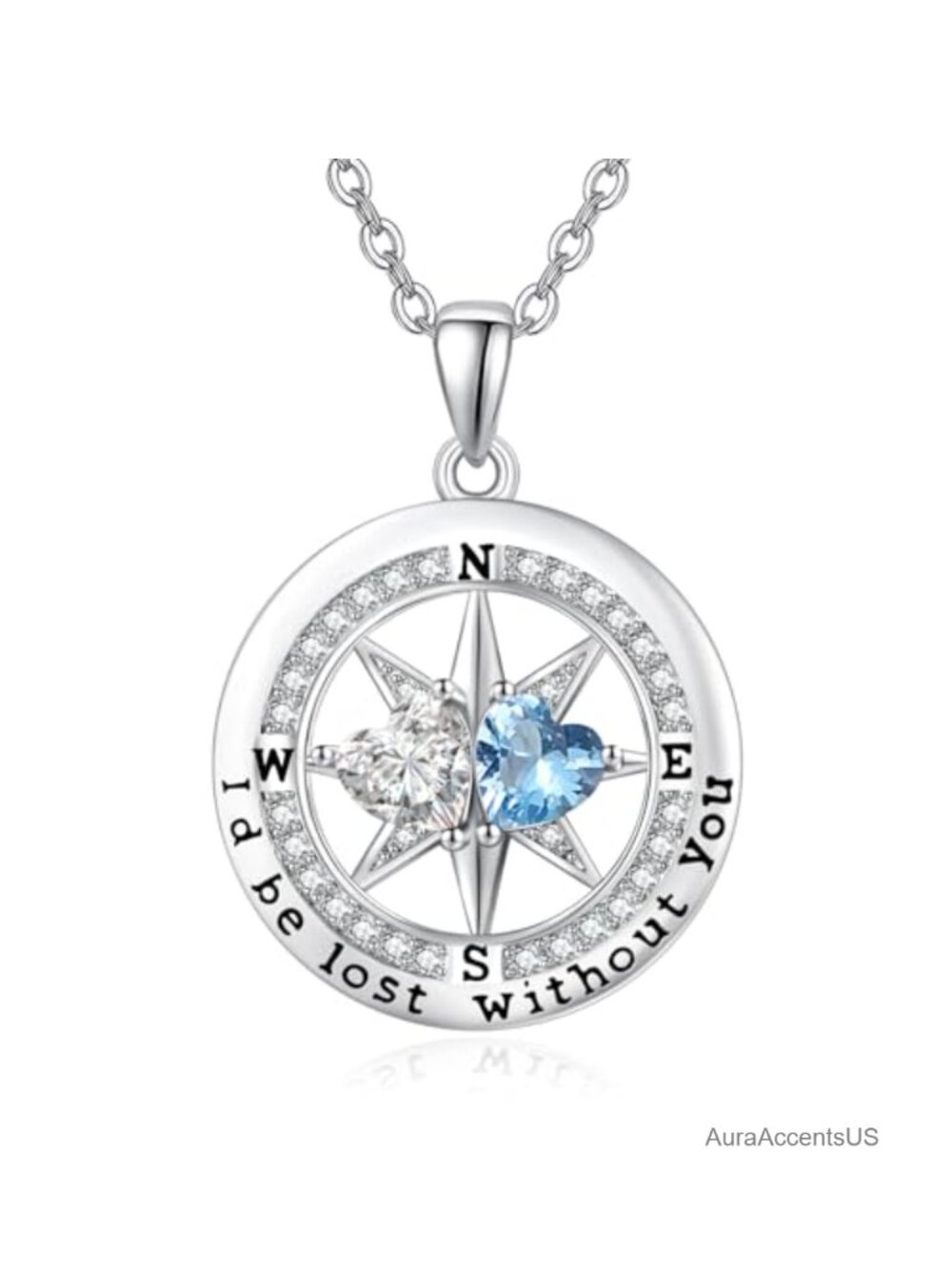 White Gold Plated Compass Birthstone Pendant Necklace Gift for Wife